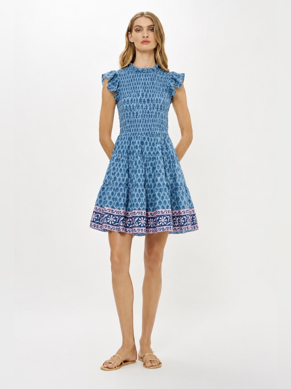 Oliphant Smocked Flirty Dress in Fern Blue